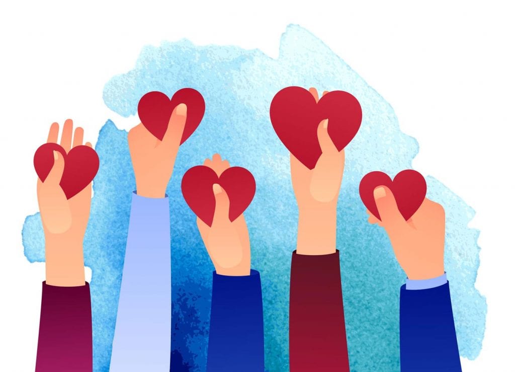 Five hands holding up hearts.